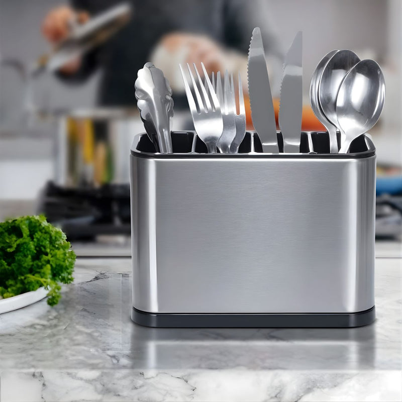 Organizador de Cubiertos para Cocina con Drenaje. Porta Cubiertos de Acero Inoxidable. Escurridor con 4 compartimientos.