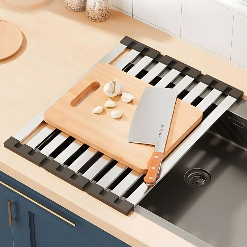 Escurridor Enrollable para Fregador de Cocina (55×32.5cm). Acero Inoxidable 304. Rejilla Plegable Multifuncional.