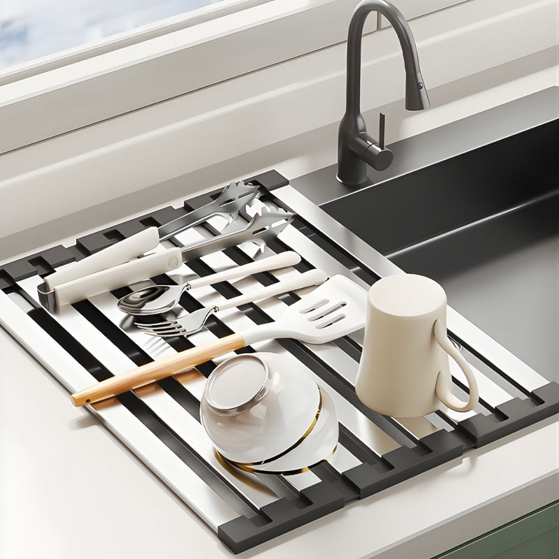 Escurridor Enrollable para Fregador de Cocina (55×32.5cm). Acero Inoxidable 304. Rejilla Plegable Multifuncional.