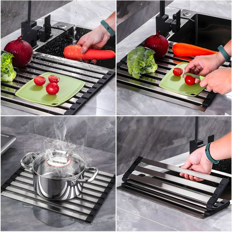 Escurridor Enrollable para Fregador de Cocina (55×32.5cm). Acero Inoxidable 304. Rejilla Plegable Multifuncional.