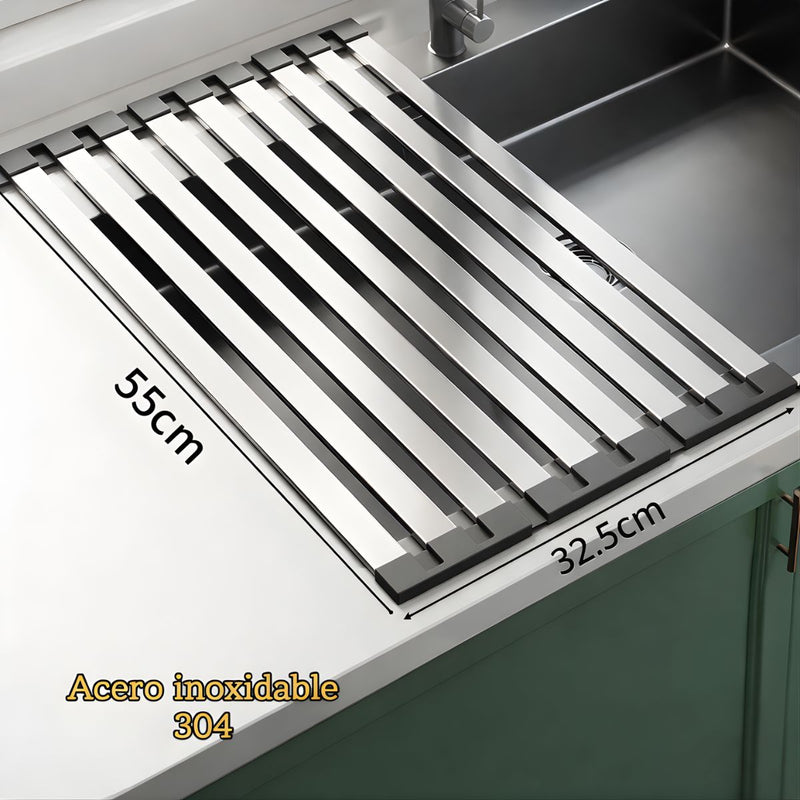 Escurridor Enrollable para Fregador de Cocina (55×32.5cm). Acero Inoxidable 304. Rejilla Plegable Multifuncional.