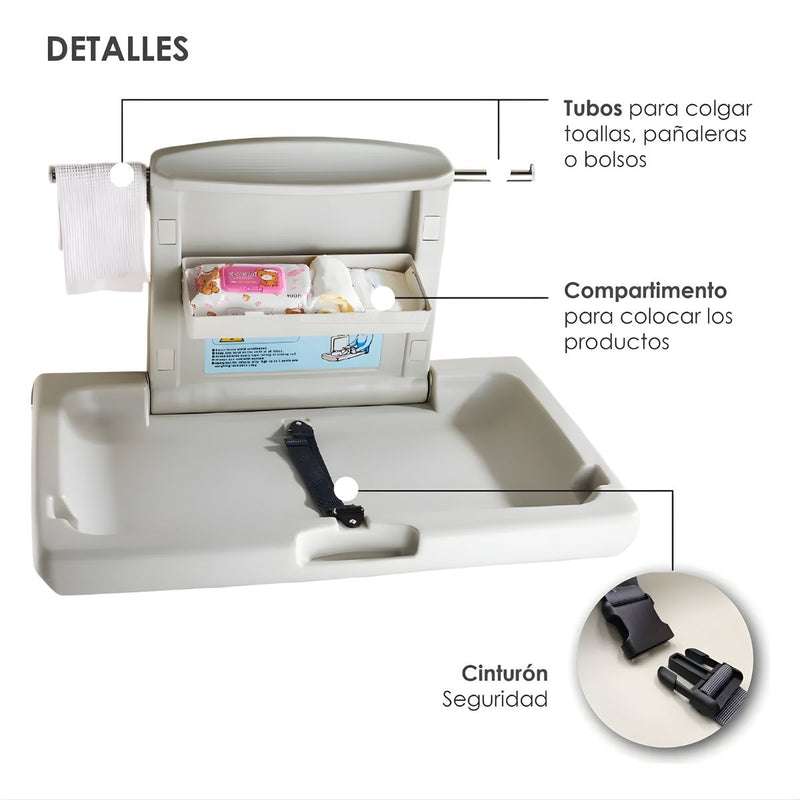 Cambiador de Bebé Plegable de Pared para Baños Públicos. Estación Cambiadora HDPE Antibacterial. Soporta hasta 20kg. Cambiador de Pañales.