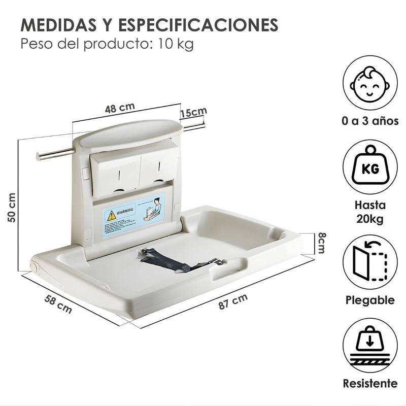 Cambiador de Bebé Plegable de Pared para Baños Públicos. Estación Cambiadora HDPE Antibacterial. Soporta hasta 20kg. Cambiador de Pañales.