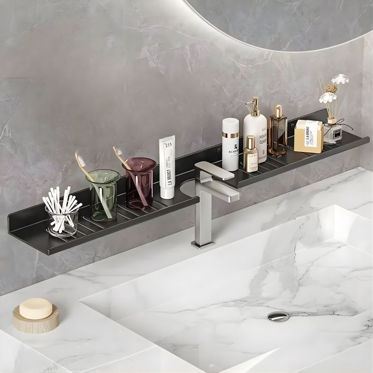 Repisa Organizadora para Lavamanos (80x12x5cm) de Acero Inoxidable. Estante para Grifo con Drenaje. Organizador para Encimera de Baño. Color gris.