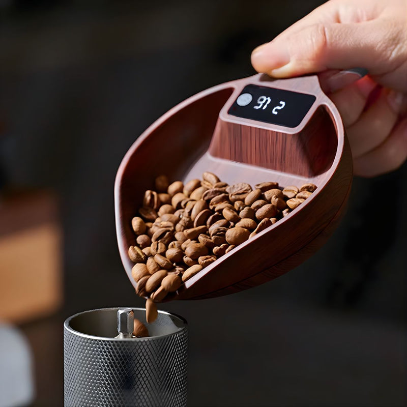 Báscula Scoop digital de precisión 1000g / 0.1g. Café Balanza electrónica para pesar granos, semillas y alimentos. Color walnut (13x10cm).