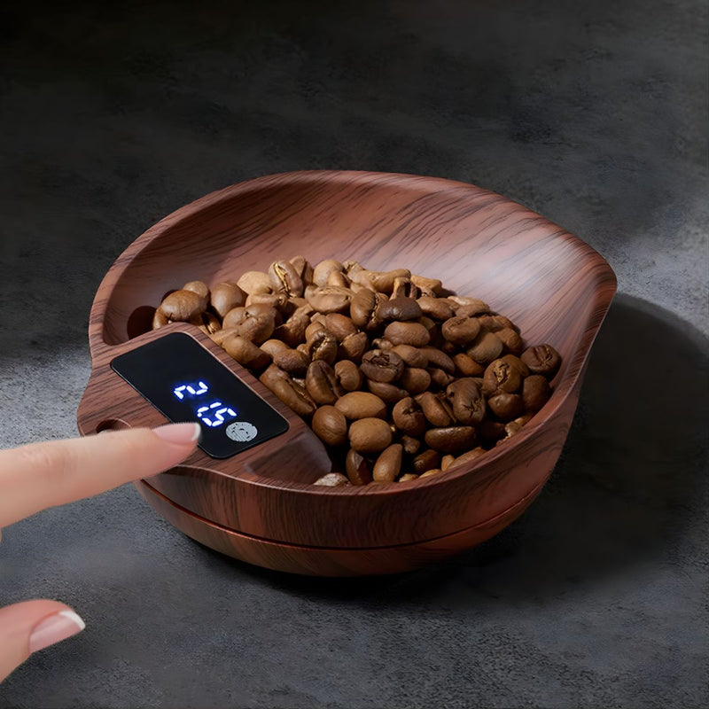 Báscula Scoop digital de precisión 1000g / 0.1g. Café Balanza electrónica para pesar granos, semillas y alimentos. Color walnut (13x10cm).