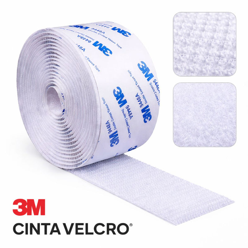 Cinta Velcro Adhesiva 3M Hook + Hair (20mmx3m). Cierre Mágico de Fijación Reutilizable. Felpa Autoadhesiva.