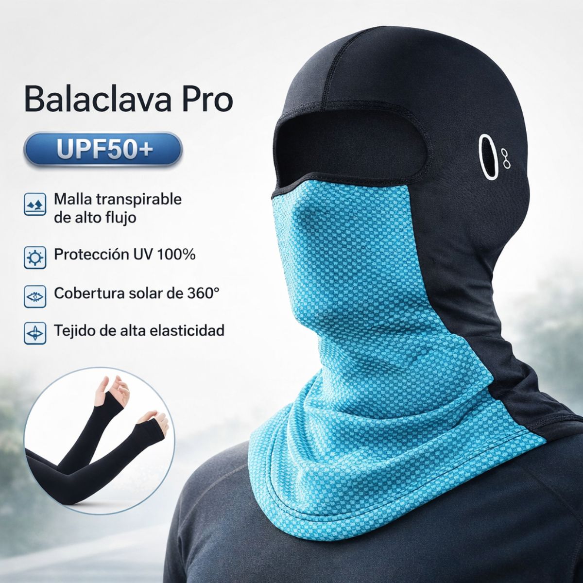 Balaclava Deportiva UPF50+ con 2 Mangas Protectoras para Brazos. Pasamontañas transpirable para Ciclismo, Moto y Actividades al Aire Libre.