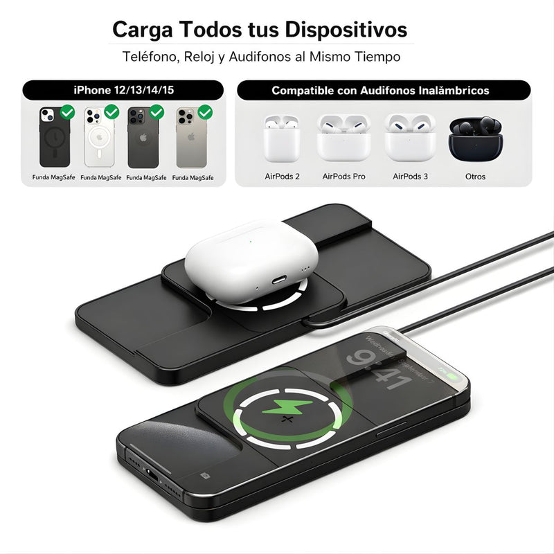 Cargador Inalámbrico Magnético 360°. Estación de Carga Tipo MagSafe para iPhone y Audífonos (Cable 1m).