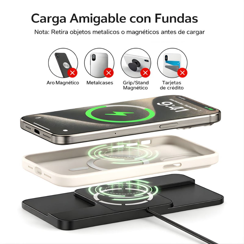 Cargador Inalámbrico Magnético 360°. Estación de Carga Tipo MagSafe para iPhone y Audífonos (Cable 1m).