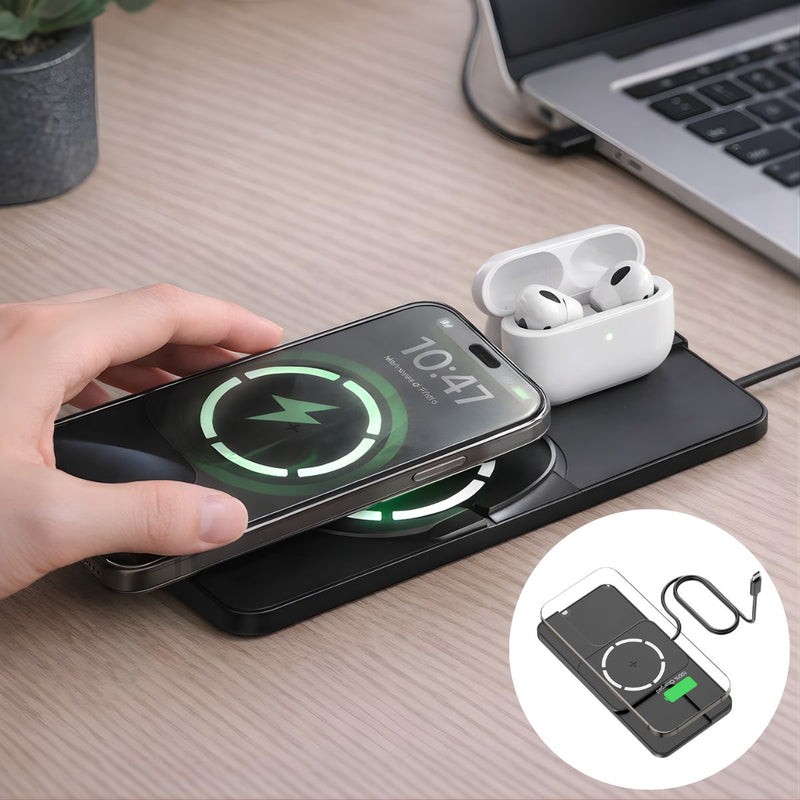 Cargador Inalámbrico Magnético 360°. Estación de Carga Tipo MagSafe para iPhone y Audífonos (Cable 1m).