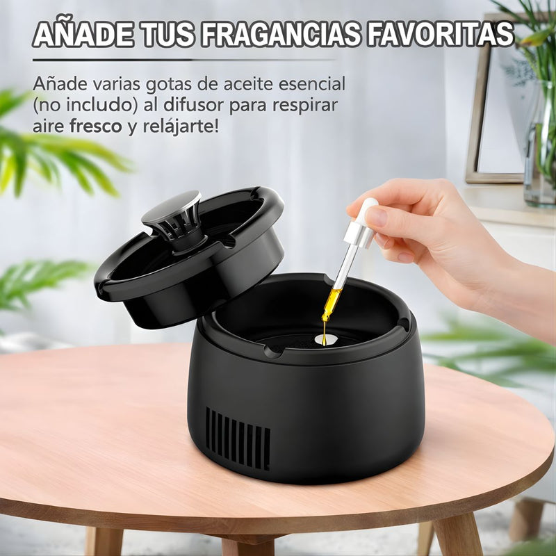 Cenicero Purificador De Aire Con Iones Negativos Recargable Con Filtro De Carbón Activado. Cenicero Eléctrico extractor De Humo. Color negro.