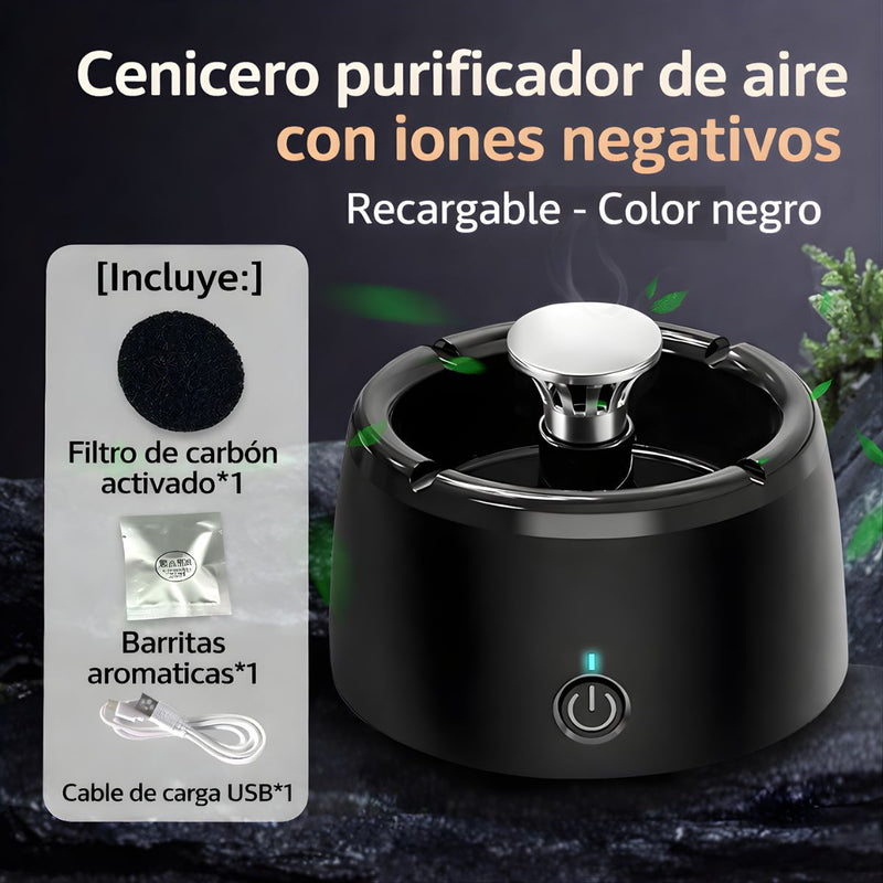 Cenicero Purificador De Aire Con Iones Negativos Recargable Con Filtro De Carbón Activado. Cenicero Eléctrico extractor De Humo. Color negro.