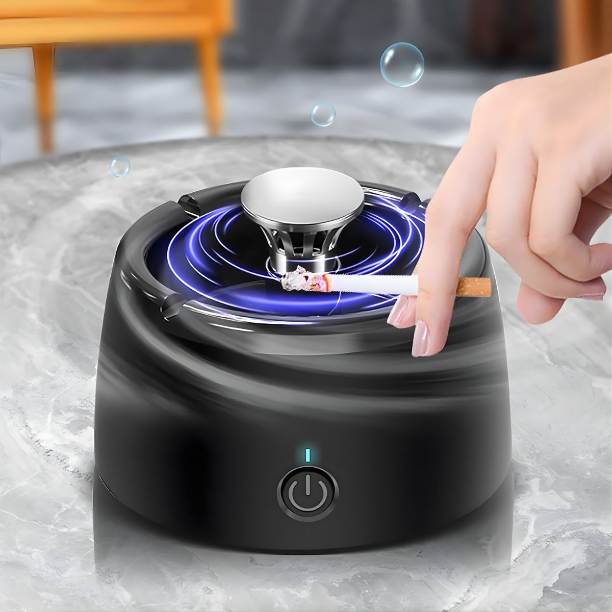 Cenicero Purificador De Aire Con Iones Negativos Recargable Con Filtro De Carbón Activado. Cenicero Eléctrico extractor De Humo. Color negro.
