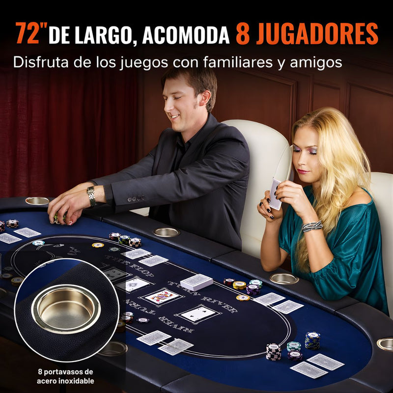Mesa De Poker Plegable de 72” Para 8 Jugadores Con 8 Portavasos. Mesa De Casino Con reposabrazos Acolchado Impermeable Y Estructura De Acero. Color azul.