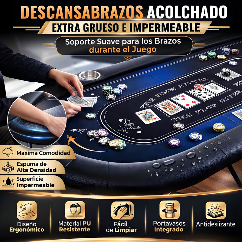 Mesa De Poker Plegable de 72” Para 8 Jugadores Con 8 Portavasos. Mesa De Casino Con reposabrazos Acolchado Impermeable Y Estructura De Acero. Color azul.