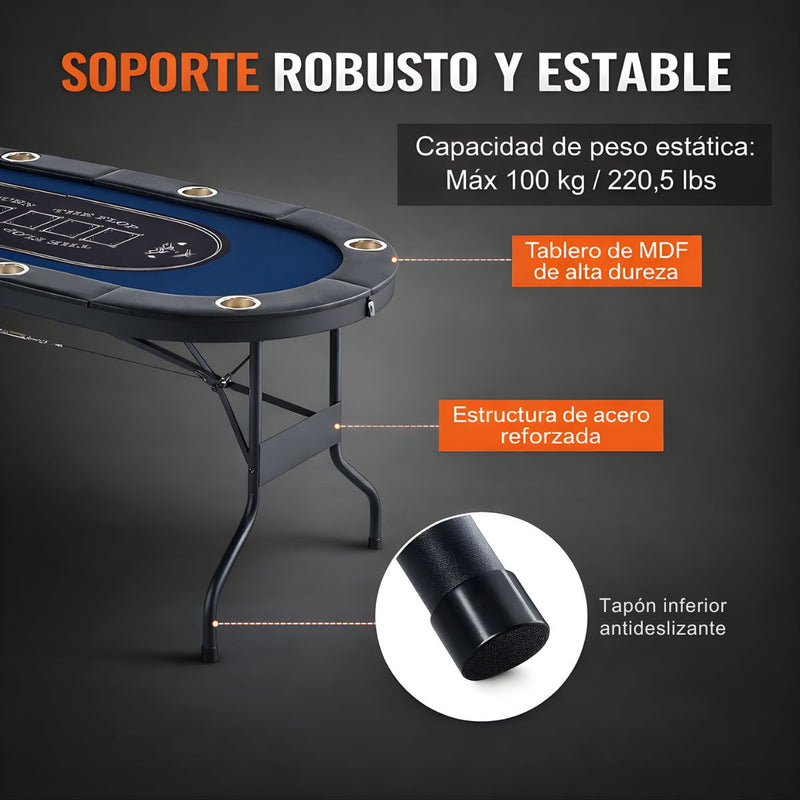 Mesa De Poker Plegable de 72” Para 8 Jugadores Con 8 Portavasos. Mesa De Casino Con reposabrazos Acolchado Impermeable Y Estructura De Acero. Color azul.
