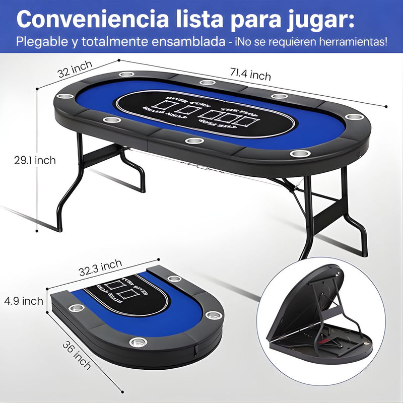 Mesa De Poker Plegable de 72” Para 8 Jugadores Con 8 Portavasos. Mesa De Casino Con reposabrazos Acolchado Impermeable Y Estructura De Acero. Color azul.