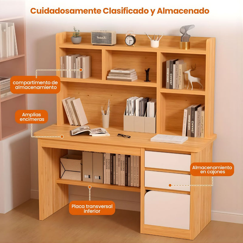 Escritorio de Estudio con Repisas y Gavetas 120x45x131cm. Mueble mesa Multifuncional para Oficina o Dormitorio. Color madera.