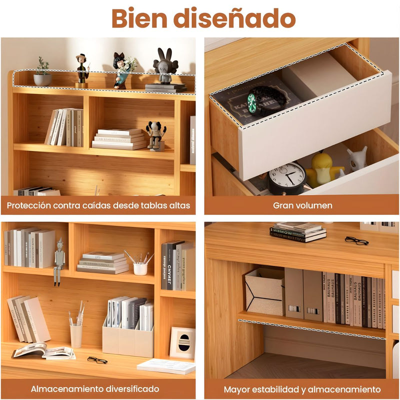 Escritorio de Estudio con Repisas y Gavetas 120x45x131cm. Mueble mesa Multifuncional para Oficina o Dormitorio. Color madera.