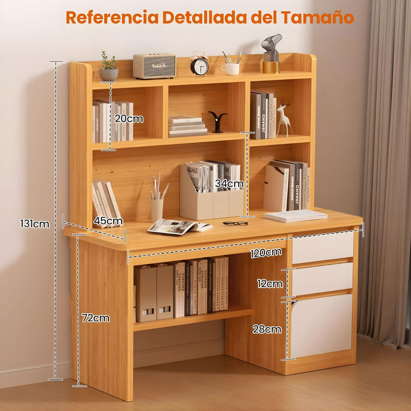 Escritorio de Estudio con Repisas y Gavetas 120x45x131cm. Mueble mesa Multifuncional para Oficina o Dormitorio. Color madera.