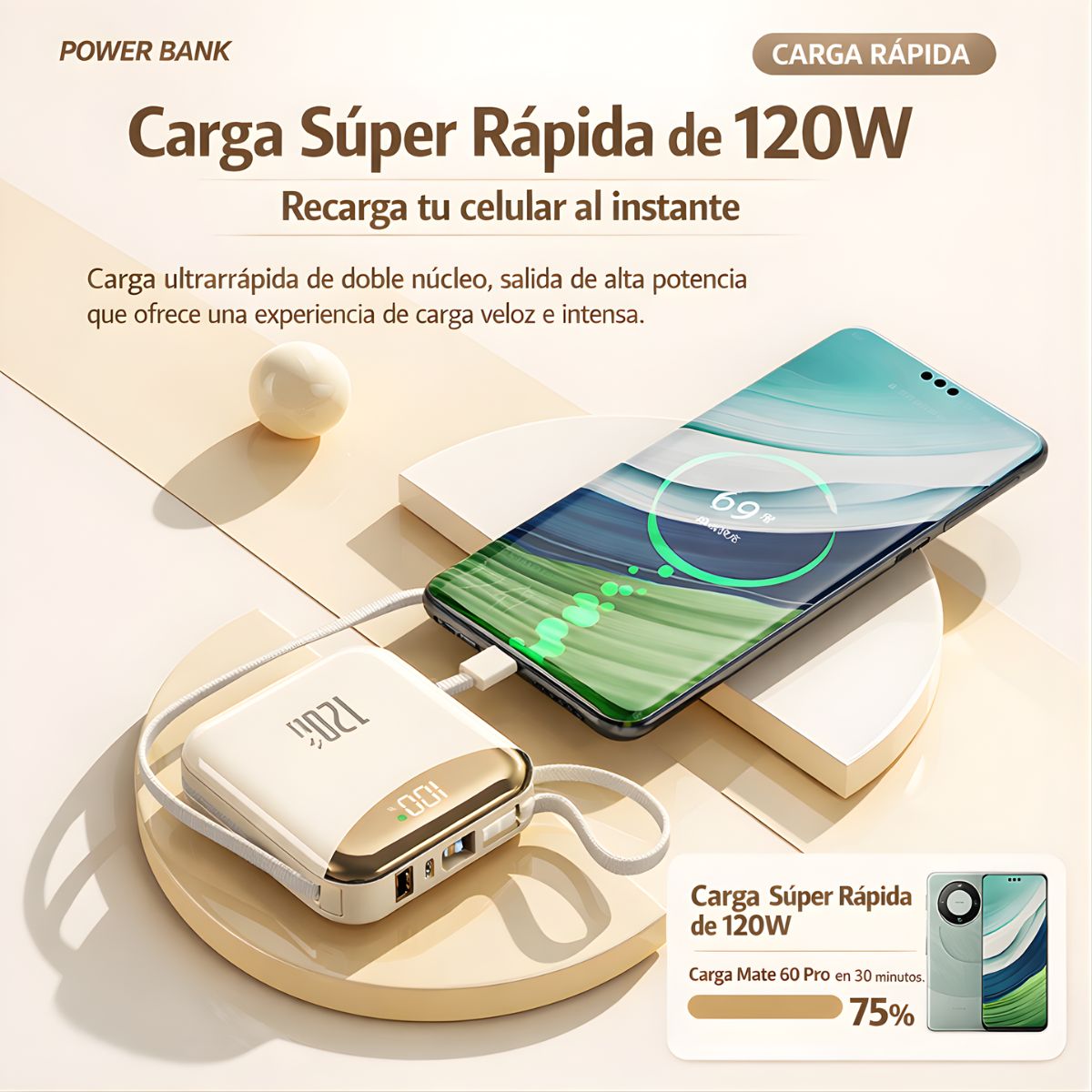 Power Bank 20000mAh 120W Carga Rápida con Doble Cable Integrado Type-C y Lightning. Batería Portátil con Pantalla Digital. Color Amarillo.