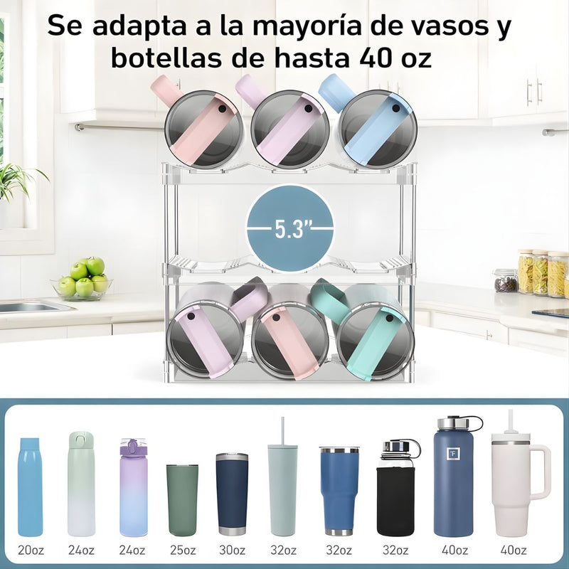 Organizador de Termos Botellas de agua y Vasos. Estante de 3 Niveles Transparente. Soporte para Botellas de Hasta 40 oz.