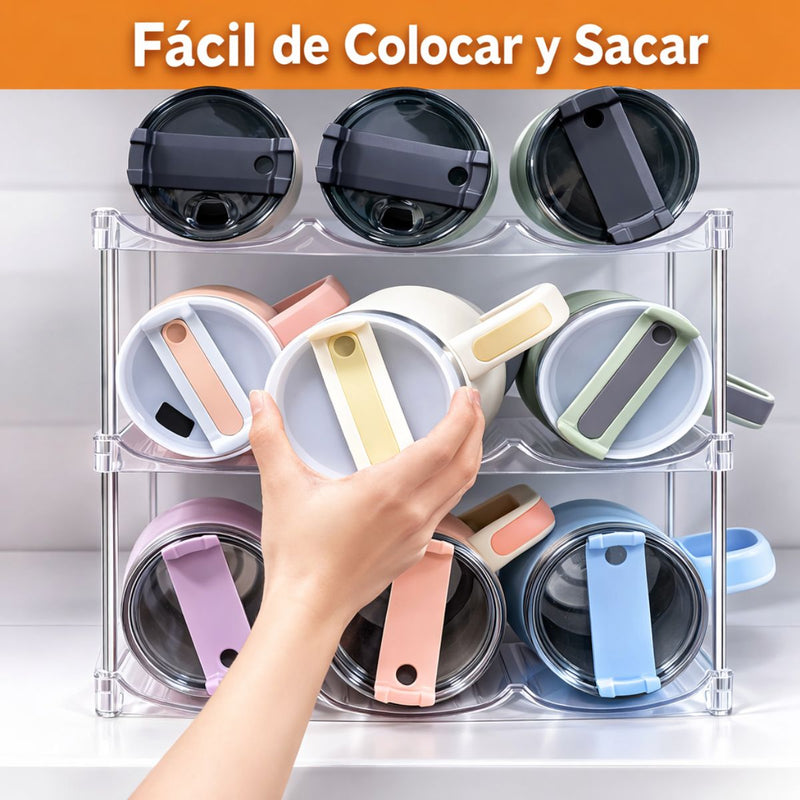Organizador de Termos Botellas de agua y Vasos. Estante de 3 Niveles Transparente. Soporte para Botellas de Hasta 40 oz.