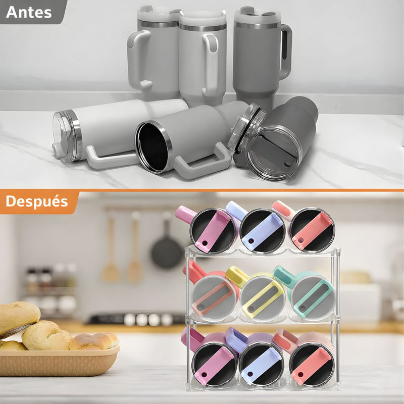 Organizador de Termos Botellas de agua y Vasos. Estante de 3 Niveles Transparente. Soporte para Botellas de Hasta 40 oz.