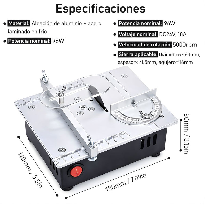 Sierra de Mesa Multifuncional 96W 5000rpm con Corte en Ángulo 0–90°. Mini Amoladora de Banco 24V DC con Control de 7 Velocidades. Incluye discos.