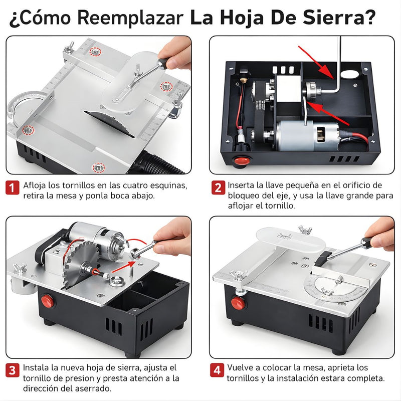 Sierra de Mesa Multifuncional 96W 5000rpm con Corte en Ángulo 0–90°. Mini Amoladora de Banco 24V DC con Control de 7 Velocidades. Incluye discos.