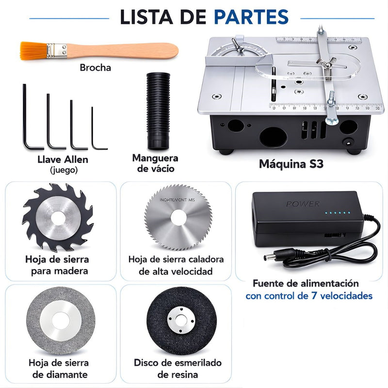 Sierra de Mesa Multifuncional 96W 5000rpm con Corte en Ángulo 0–90°. Mini Amoladora de Banco 24V DC con Control de 7 Velocidades. Incluye discos.