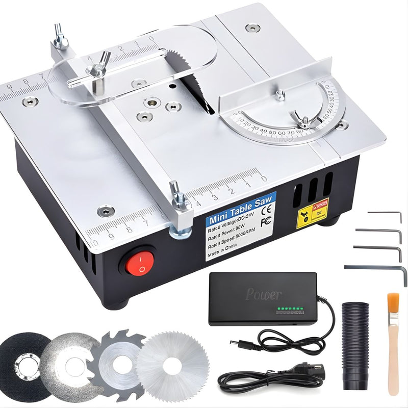 Sierra de Mesa Multifuncional 96W 5000rpm con Corte en Ángulo 0–90°. Mini Amoladora de Banco 24V DC con Control de 7 Velocidades. Incluye discos.