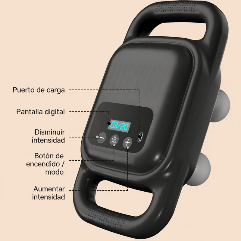 Masajeador Fascia de 4 Cabezales con Calor y Pantalla LCD, 3 Modos, 4 Niveles de Intensidad. Máquina de Masajes USBC Con Batería 8000mAh.