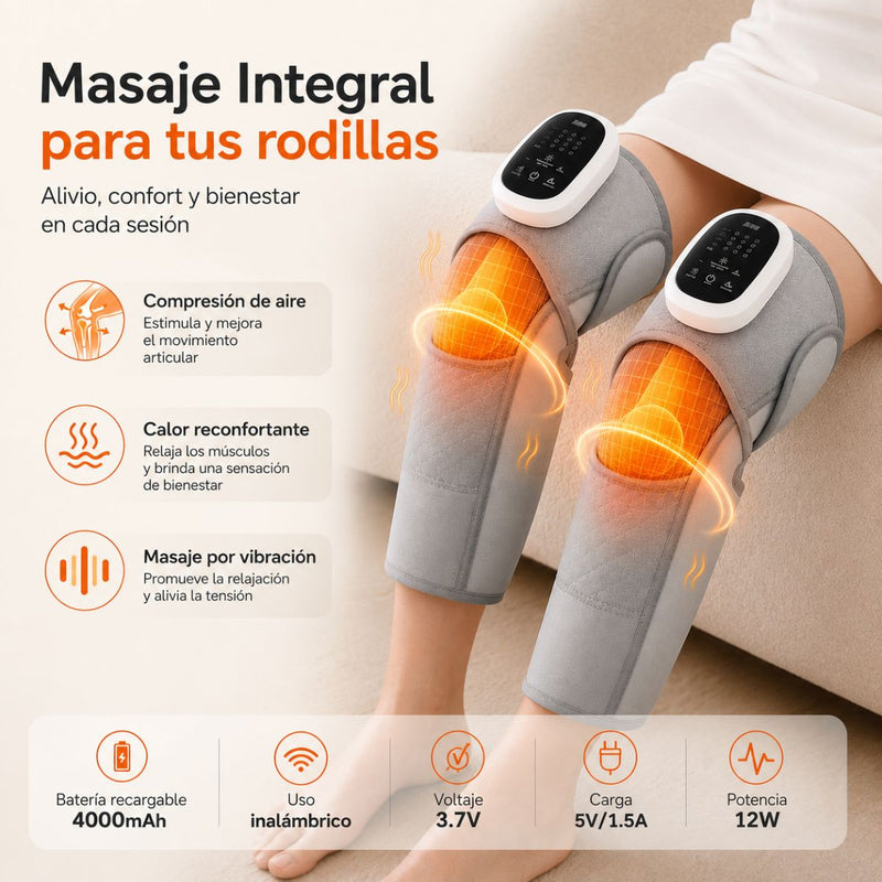 Masajeador de Rodilla con Compresión de Aire, Rodillera para Masaje por Vibración y Calor Envolvente, USB Recargable Batería 4000mAh. Color Gris.