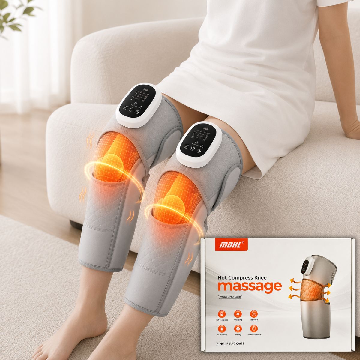 Masajeador de Rodilla con Compresión de Aire, Rodillera para Masaje por Vibración y Calor Envolvente, USB Recargable Batería 4000mAh. Color Gris.