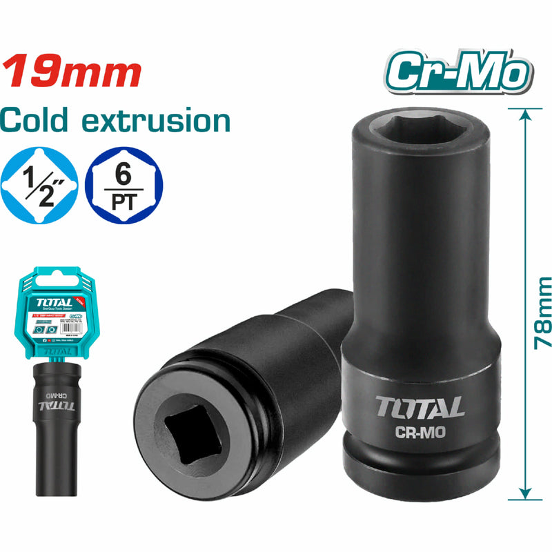 Dados Sockets impacto1/2" 78mm. Material CrMo. 19 mm. Extrusión en Frío.