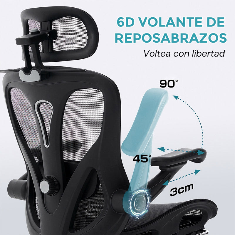 Silla Ergonómica de Oficina con Reposapiés y Reposacabezas, Respaldo Reclinable y Asiento Anatómico. Silla de Escritorio con Malla Transpirable. Color Negro