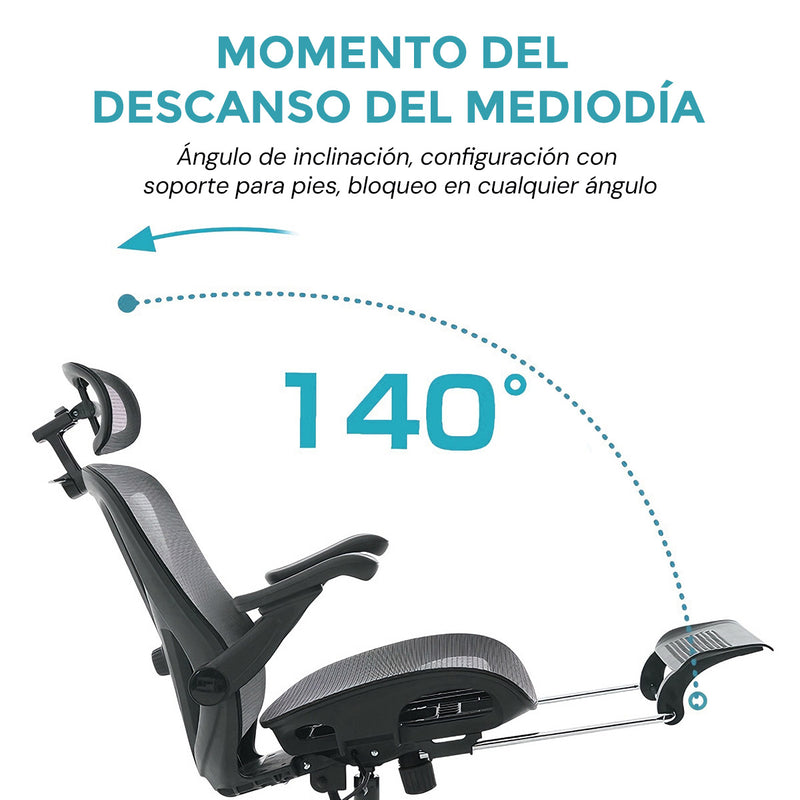 Silla Ergonómica de Oficina con Reposapiés y Reposacabezas, Respaldo Reclinable y Asiento Anatómico. Silla de Escritorio con Malla Transpirable. Color Negro