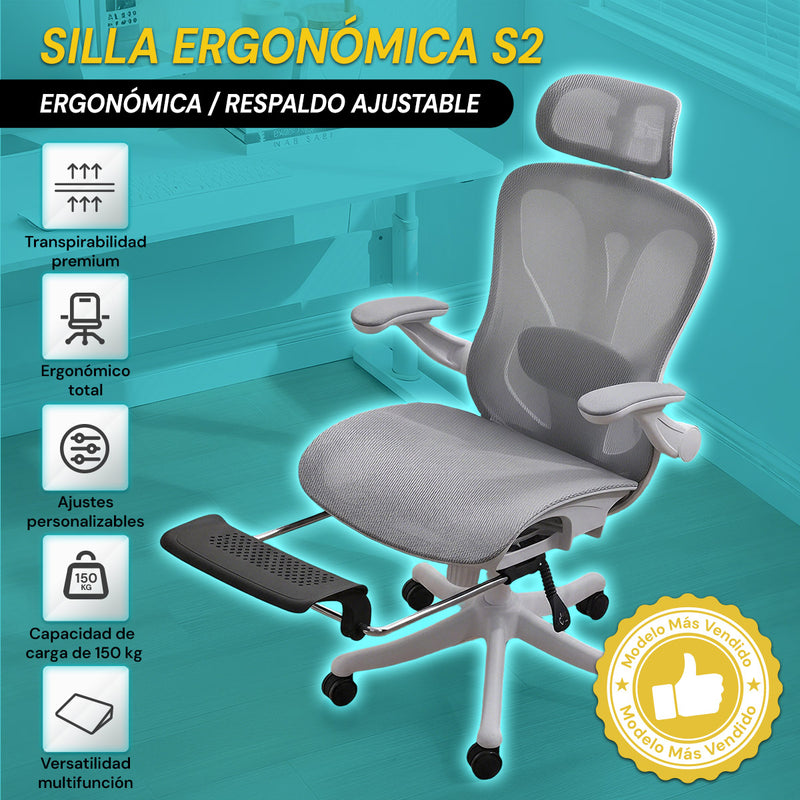 Silla Ergonómica de Oficina con Reposapiés y Reposacabezas, Respaldo Reclinable y Asiento Anatómico. Silla de Escritorio con Malla Transpirable. Color Gris Claro  y Blanco