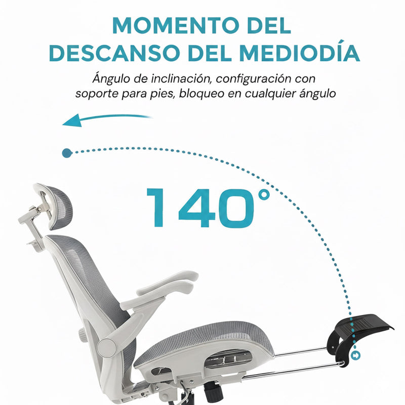 Silla Ergonómica de Oficina con Reposapiés y Reposacabezas, Respaldo Reclinable y Asiento Anatómico. Silla de Escritorio con Malla Transpirable. Color Gris Claro  y Blanco