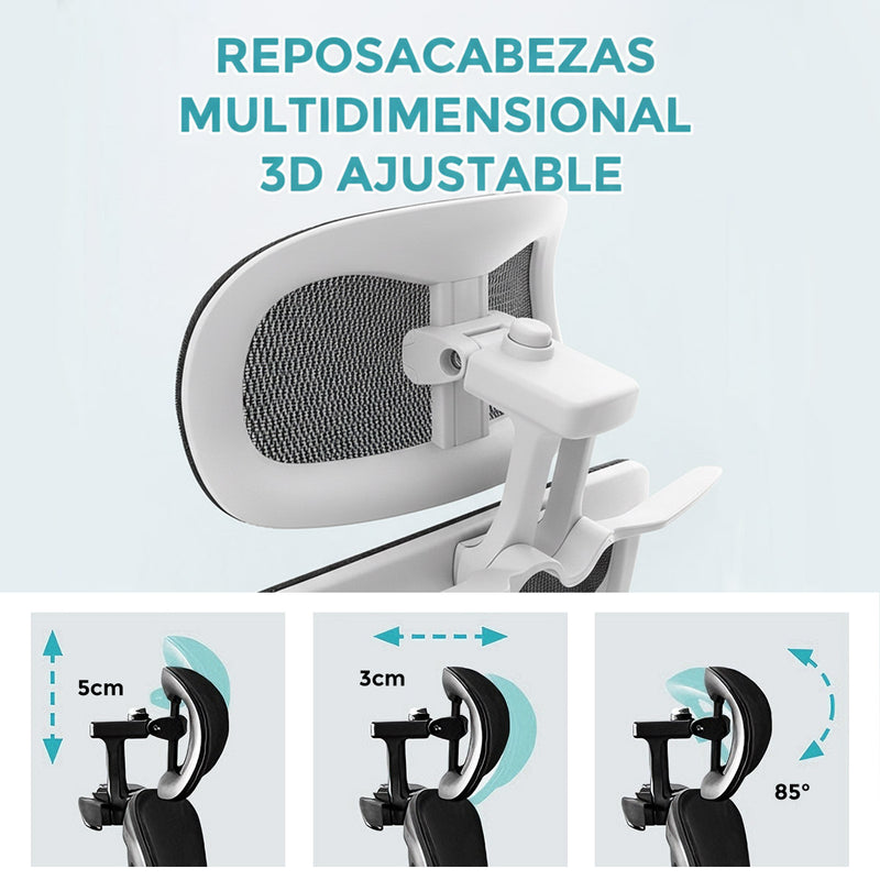 Silla Ergonómica de Oficina con Reposapiés y Reposacabezas, Respaldo Reclinable y Asiento Anatómico. Silla de Escritorio con Malla Transpirable. Color Gris Claro  y Blanco
