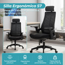 Silla de Oficina Ergonómica con Reposacabezas de Malla y Respaldo Transpirable. Silla de Escritorio con Brazos Fijos y Ruedas Nylon. Color Negro