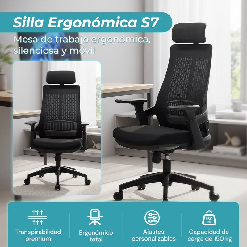 Silla de Oficina Ergonómica con Reposacabezas de Malla y Respaldo Transpirable. Silla de Escritorio con Brazos Fijos y Ruedas Nylon. Color Negro