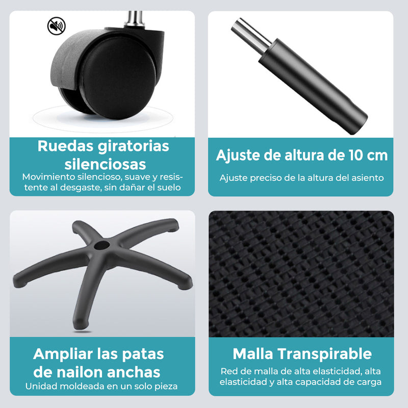 Silla de Oficina Ergonómica con Reposacabezas de Malla y Respaldo Transpirable. Silla de Escritorio con Brazos Fijos y Ruedas Nylon. Color Negro