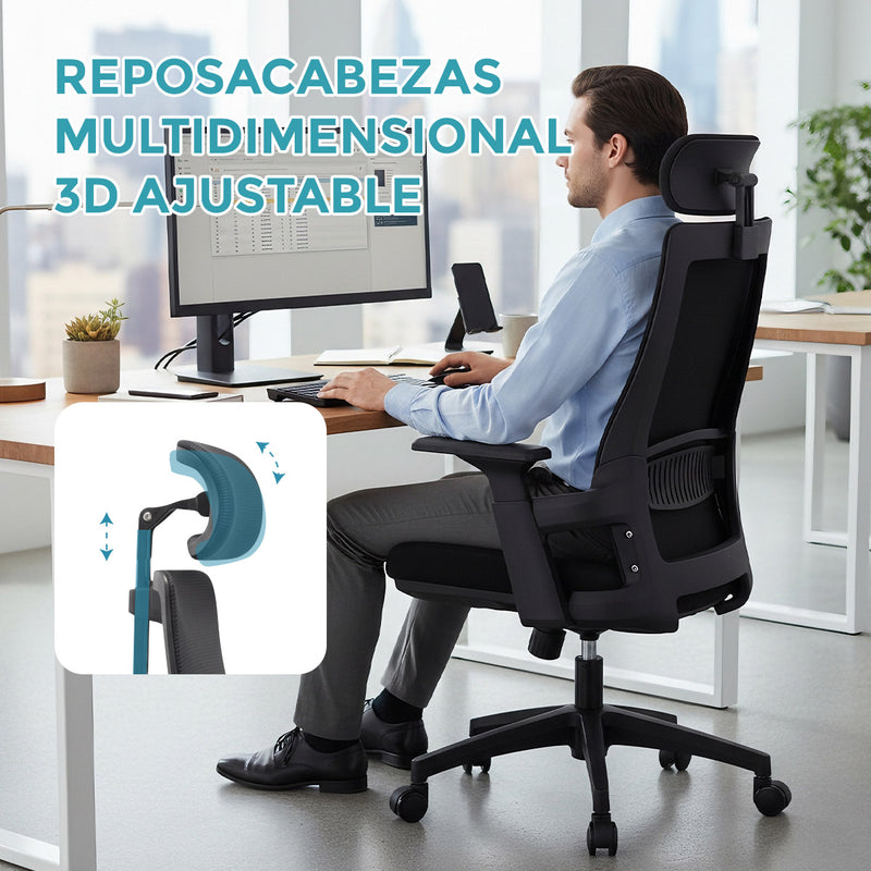 Silla de Oficina Ergonómica con Reposacabezas de Malla y Respaldo Transpirable. Silla de Escritorio con Brazos Fijos y Ruedas Nylon. Color Negro