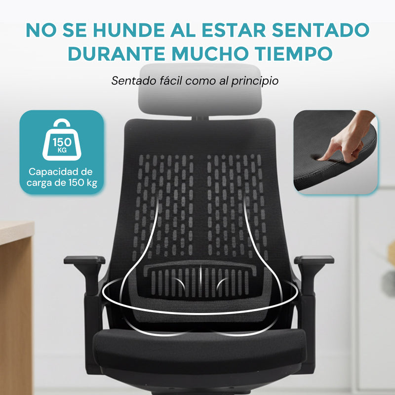 Silla de Oficina Ergonómica con Reposacabezas de Malla y Respaldo Transpirable. Silla de Escritorio con Brazos Fijos y Ruedas Nylon. Color Negro