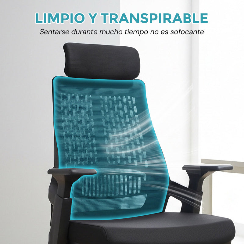 Silla de Oficina Ergonómica con Reposacabezas de Malla y Respaldo Transpirable. Silla de Escritorio con Brazos Fijos y Ruedas Nylon. Color Negro