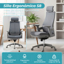 Silla de Oficina Ergonómica con Reposacabezas de Malla y Respaldo Transpirable. Silla de Escritorio con Brazos Fijos y Ruedas Nylon. Color Gris