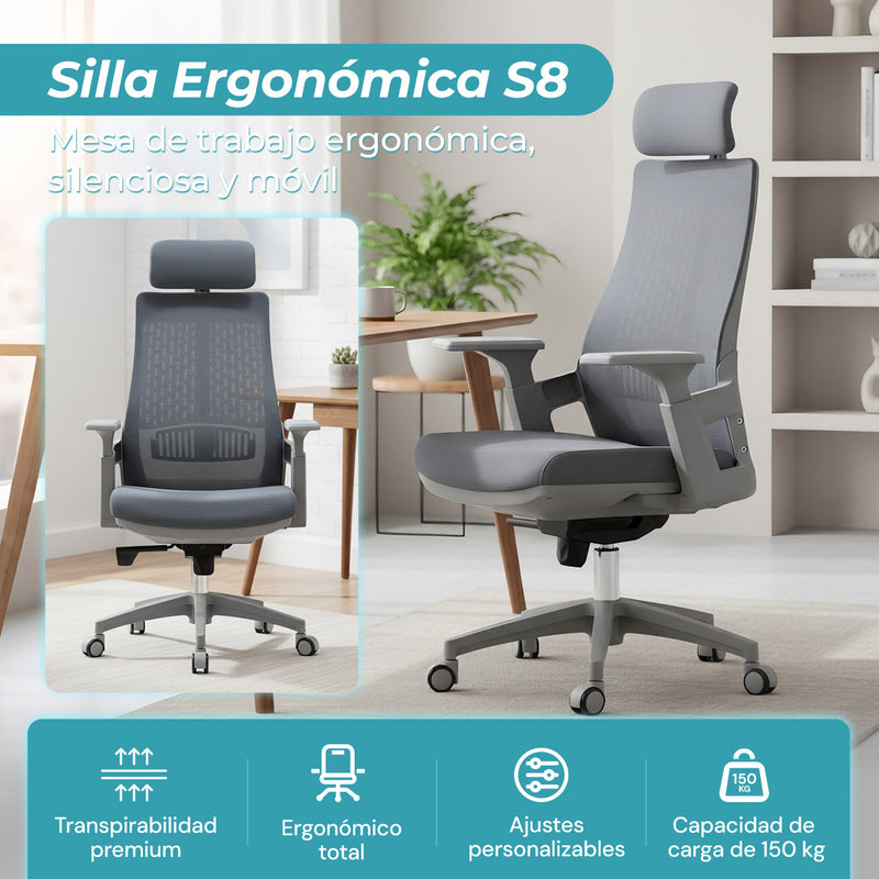 Silla de Oficina Ergonómica con Reposacabezas de Malla y Respaldo Transpirable. Silla de Escritorio con Brazos Fijos y Ruedas Nylon. Color Gris